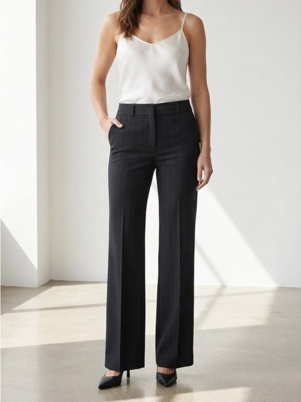 Bisou Bisou Black Pinstripe Wide-Leg Dress Pants Size 6